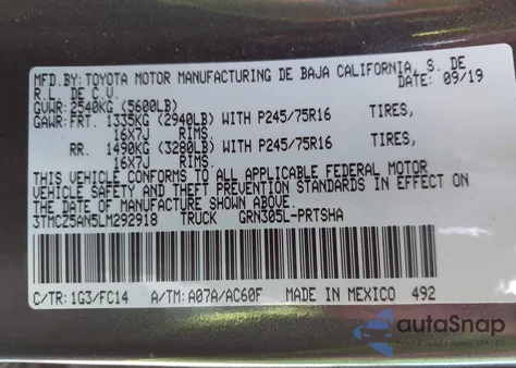 2020 Toyota Tacoma Sr5 V6 z USA, uszkodzony, nr VIN 3TMCZ5AN5LM292918